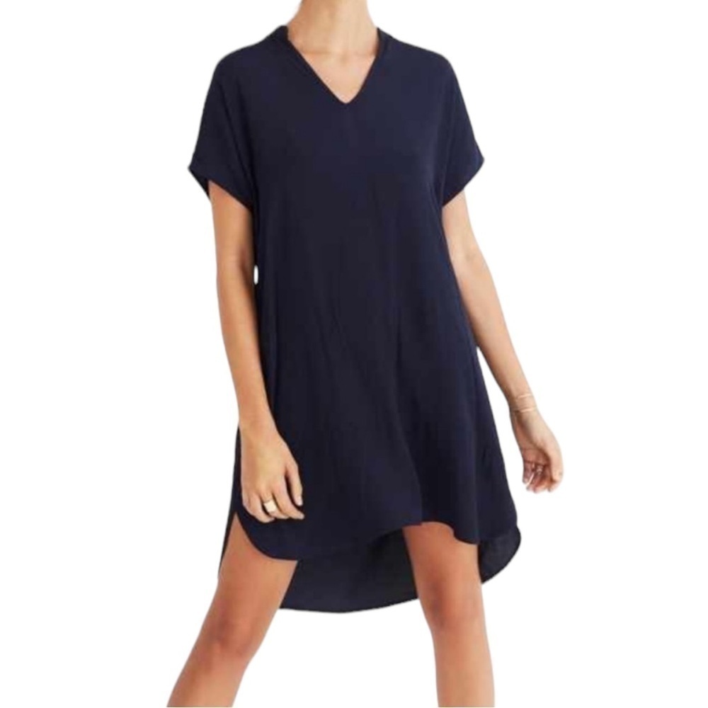 Madewell Bicoastal Navy Blue High-Low S/S V-neck T-Shirt Dress Deep Pockets